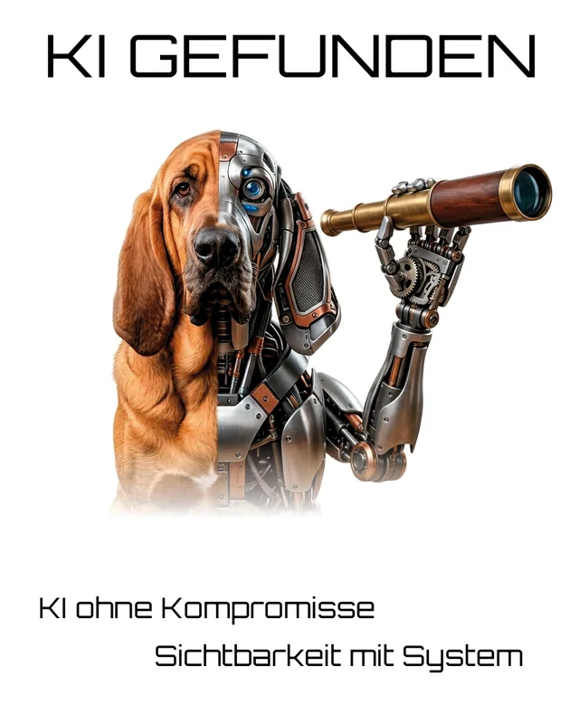 KI gefunden: Spürhund halb Mensch, halb Roboter mit Fernrohr – KI ohne Kompromisse, Sichtbarkeit mit System